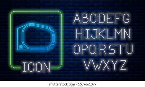 Glowing neon Car mirror icon isolated on brick wall background. Neon light alphabet. Vector Illustration