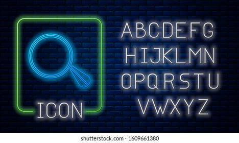 Glowing neon Car mirror icon isolated on brick wall background. Neon light alphabet. Vector Illustration