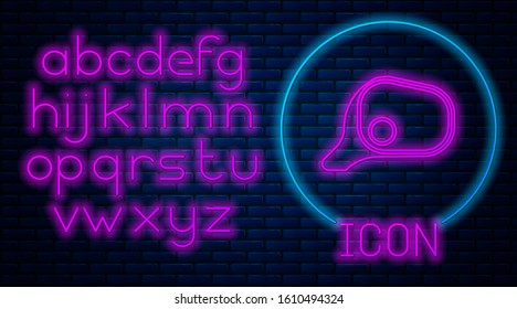 Glowing neon Car mirror icon isolated on brick wall background. Neon light alphabet. Vector Illustration