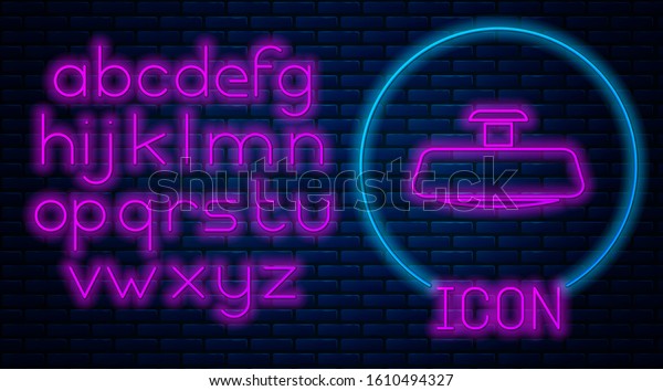 Glowing neon Car mirror
icon isolated on brick wall background. Neon light alphabet. Vector
Illustration
