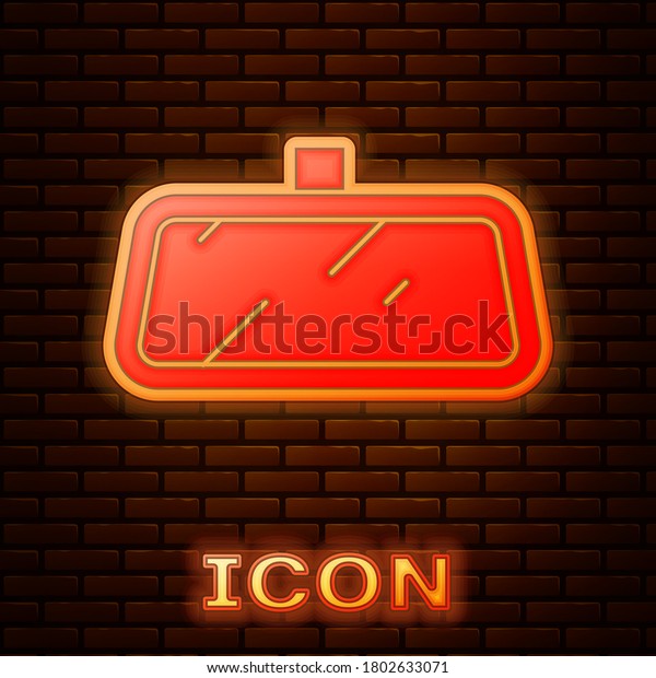 Glowing neon Car mirror icon isolated on brick\
wall background.\
Vector.