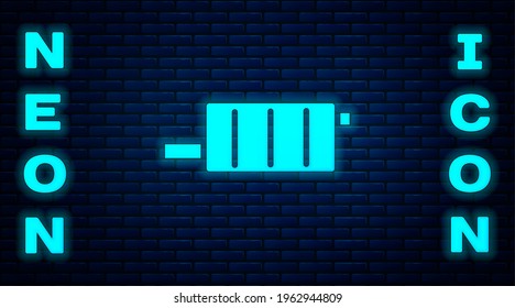 Glowing neon Car muffler icon isolated on brick wall background. Exhaust pipe.  Vector Illustration