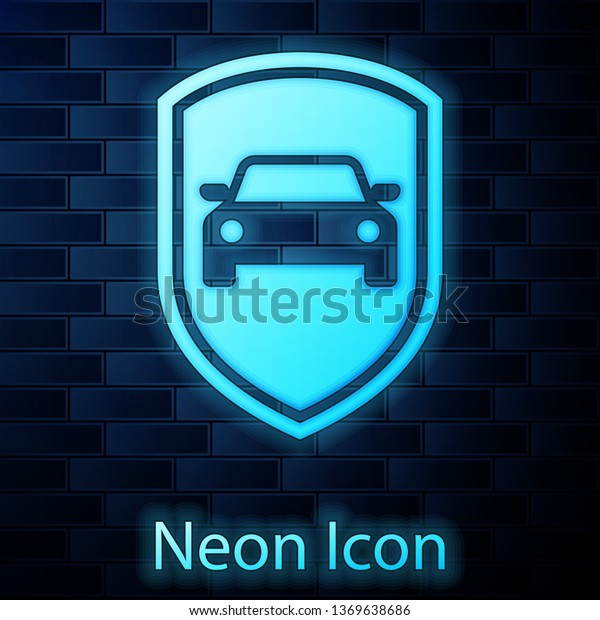 Glowing neon Car\
protection or insurance icon isolated on brick wall background.\
Protect car guard shield. Safety badge vehicle icon. Security auto\
label. Vector\
Illustration