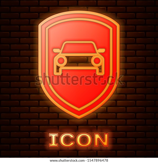 Glowing neon\
Car protection or insurance icon isolated on brick wall background.\
Protect car guard shield. Safety badge vehicle icon. Security auto\
label.  Vector\
Illustration
