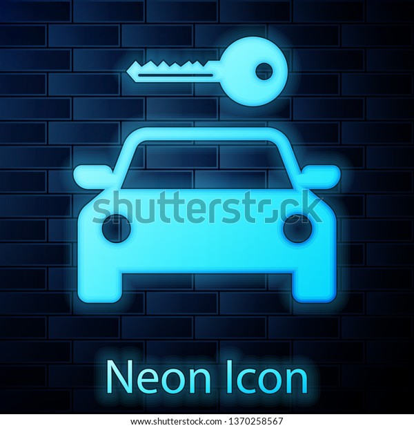 Glowing neon Car rental\
icon isolated on brick wall background. Rent a car sign. Key with\
car. Concept for automobile repair service, spare parts store.\
Vector Illustration