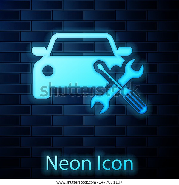 Glowing neon Car with\
screwdriver and wrench icon isolated on brick wall background.\
Adjusting, service, setting, maintenance, repair, fixing.  Vector\
Illustration