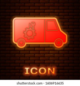 Glowing neon Car service icon isolated on brick wall background. Repair service auto mechanic. Maintenance sign.  Vector Illustration