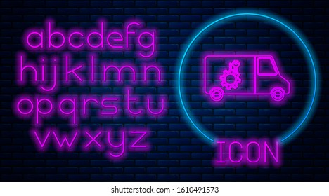 Glowing neon Car service icon isolated on brick wall background. Repair service auto mechanic. Maintenance sign. Neon light alphabet. Vector Illustration