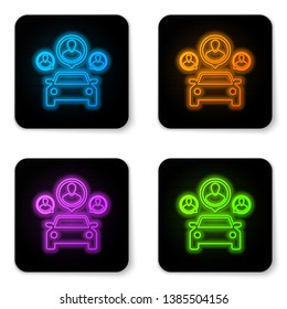 Glowing neon Car sharing with group of people icon isolated on white background. Carsharing sign. Transport renting service concept. Black square button. Vector Illustration