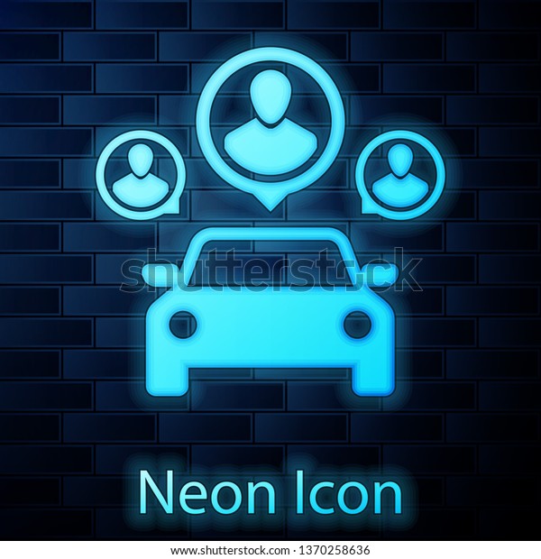 Glowing neon Car sharing with group\
of people icon isolated on brick wall background. Carsharing sign.\
Transport renting service concept. Vector\
Illustration
