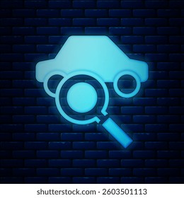 Glowing neon Car sharing icon isolated on brick wall background. Carsharing sign. Transport renting service concept.  Vector