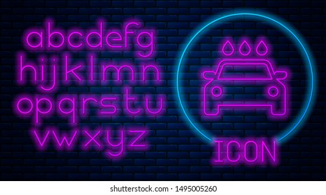 Glowing neon Car wash icon isolated on brick wall background. Carwash service and water cloud icon. Neon light alphabet. Vector Illustration