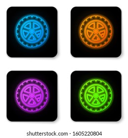 Glowing neon Car wheel icon isolated on white background. Black square button. Vector Illustration