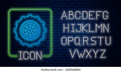 Glowing neon Car wheel icon isolated on brick wall background. Neon light alphabet. Vector Illustration