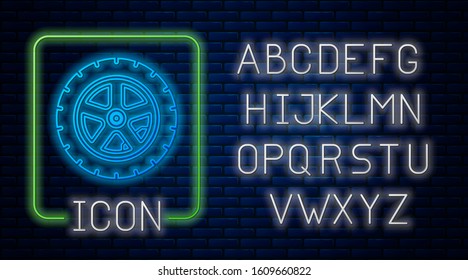 Glowing neon Car wheel icon isolated on brick wall background. Neon light alphabet. Vector Illustration