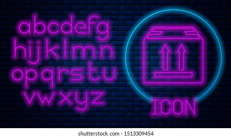 Glowing neon Cardboard box with traffic symbol icon isolated on brick wall background. Box, package, parcel sign. Delivery, transportation and shipping. Neon light alphabet. Vector Illustration