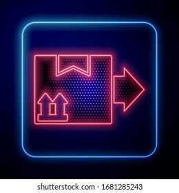 Glowing neon Cardboard box with traffic symbol icon isolated on blue background. Box, package, parcel. Delivery, transportation and shipping.  Vector Illustration