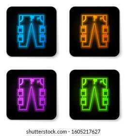 Glowing neon Cargo pants icon isolated on white background. Black square button. Vector Illustration