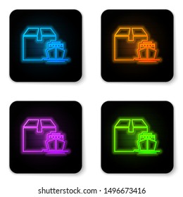 Glowing neon Cargo ship with boxes delivery service icon isolated on white background. Delivery, transportation. Freighter with parcels, boxes, goods. Black square button. Vector Illustration