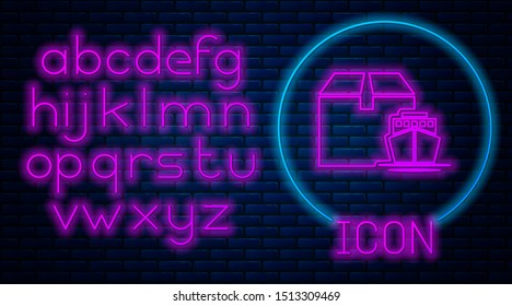 Glowing neon Cargo ship with boxes delivery service icon isolated on brick wall background. Delivery, transportation. Freighter with parcels, boxes, goods. Neon light alphabet. Vector Illustration