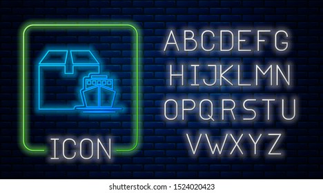Glowing neon Cargo ship with boxes delivery service icon isolated on brick wall background. Delivery, transportation. Freighter with parcels, boxes, goods. Neon light alphabet. Vector Illustration