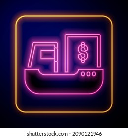 Glowing neon Cargo ship with boxes delivery service icon isolated on black background. Delivery, transportation. Freighter with parcels, boxes, goods.  Vector