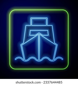 Glowing neon Cargo ship with boxes delivery service icon isolated on blue background. Delivery, transportation. Freighter with parcels, boxes, goods.  Vector