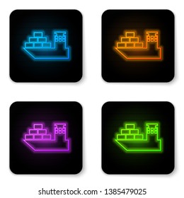 Glowing neon Cargo ship icon isolated on white background. Black square button. Vector Illustration