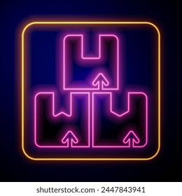 Glowing neon Carton cardboard box icon isolated on black background. Box, package, parcel sign. Delivery and packaging.  Vector