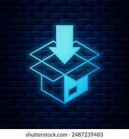 Glowing neon Carton cardboard box icon isolated on brick wall background. Box, package, parcel sign. Delivery and packaging.  Vector