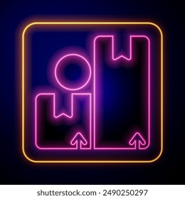 Glowing neon Carton cardboard box icon isolated on black background. Box, package, parcel sign. Delivery and packaging.  Vector