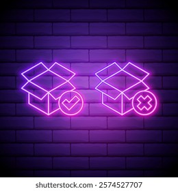 Glowing neon Carton cardboard box icon isolated on brick wall background. Box, package, parcel sign. Delivery and packaging. Vector.