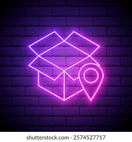 Glowing neon Carton cardboard box icon isolated on brick wall background. Box, package, parcel sign. Delivery and packaging. Vector.