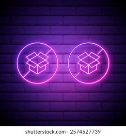 Glowing neon Carton cardboard box prohibition icon isolated on brick wall background. Box, package, parcel sign. Delivery and packaging. Vector.