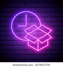 Glowing neon Carton cardboard box icon isolated on brick wall background. Box, package, parcel sign. Delivery and packaging. Vector.