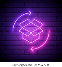 Glowing neon Carton cardboard box icon isolated on brick wall background. Box, package, parcel sign. Delivery and packaging. Vector.