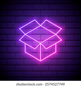 Glowing neon Carton cardboard box icon isolated on brick wall background. Box, package, parcel sign. Delivery and packaging. Vector.