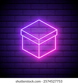 Glowing neon Carton cardboard box icon isolated on brick wall background. Box, package, parcel sign. Delivery and packaging. Vector.