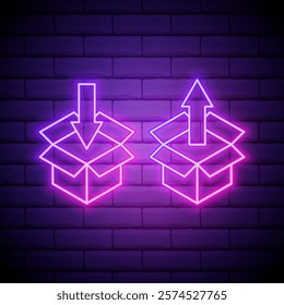 Glowing neon Carton cardboard box icon isolated on brick wall background. Box, package, parcel sign. Delivery and packaging. Vector.