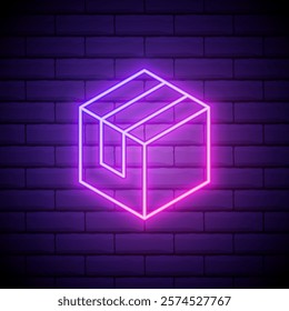 Glowing neon Carton cardboard box icon isolated on brick wall background. Box, package, parcel sign. Delivery and packaging. Vector.