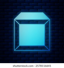 Glowing neon Carton cardboard box icon isolated on brick wall background. Box, package, parcel sign. Delivery and packaging.  Vector