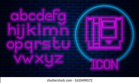Glowing neon Cartridge for retro game console icon isolated on brick wall background. TV Game cartridge. Neon light alphabet. Vector Illustration