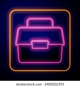 Glowing neon Case or box container for wobbler and gear fishing equipment icon isolated on black background. Fishing tackle.  Vector