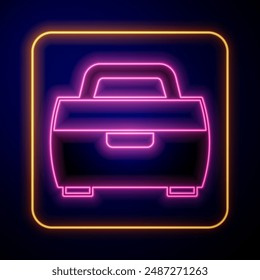 Glowing neon Case or box container for wobbler and gear fishing equipment icon isolated on black background. Fishing tackle.  Vector