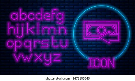 Glowing neon Cash back icon isolated on brick wall background. Financial services, money refund, return on investment, savings account, currency exchange. Neon light alphabet. Vector Illustration