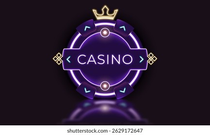 Glowing neon casino chip with crown and casino text in futuristic style on dark background. Perfect for gambling themes, online games, or slot machine interfaces