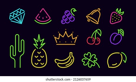 Glowing neon casino game symbols. Bright yellow crown with bell and golden pineapple with lemon. Green cactus and lucky quatrefoil. Blue diamond of luck with vector grape bunch.