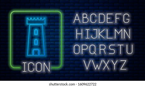 Glowing neon Castle tower icon isolated on brick wall background. Fortress sign. Neon light alphabet. Vector Illustration
