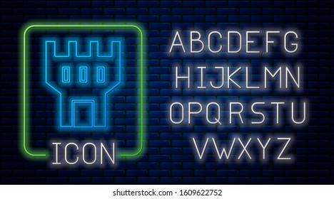 Glowing neon Castle tower icon isolated on brick wall background. Fortress sign. Neon light alphabet. Vector Illustration