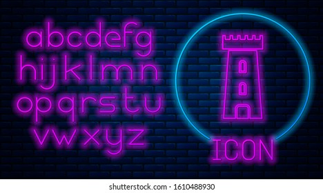 Glowing neon Castle tower icon isolated on brick wall background. Fortress sign. Neon light alphabet. Vector Illustration